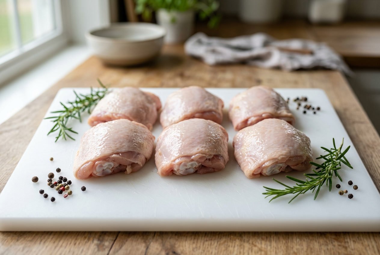 Fresh raw chicken thighs arranged on a white cutting board with rosemary and peppercorns in a kitchen setting.