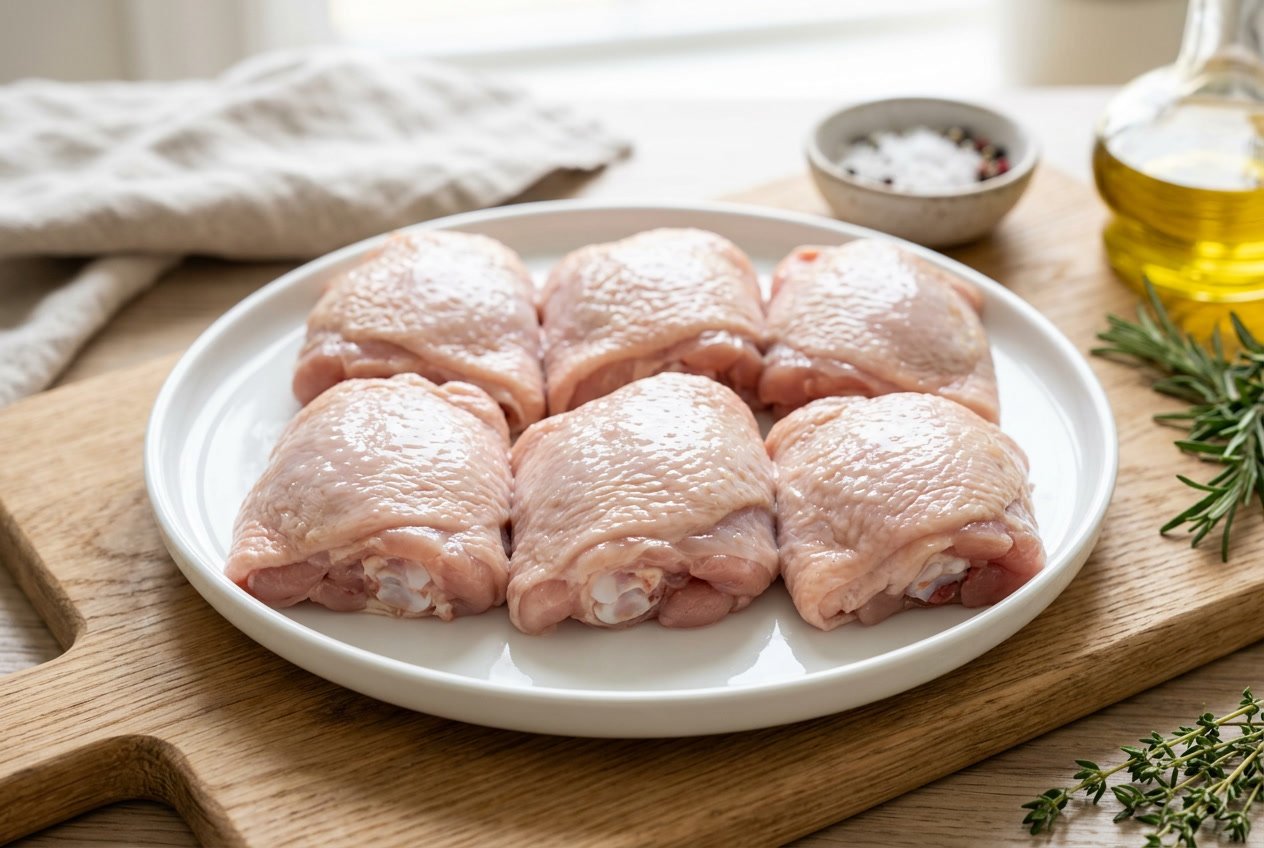Raw chicken thighs neatly arranged on a white plate.