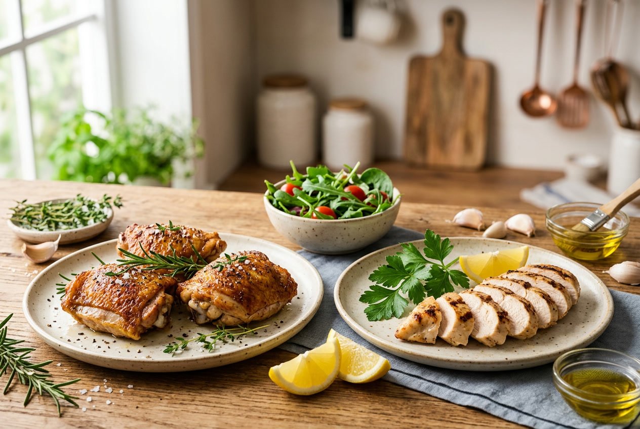 Two plates on a kitchen counter, one with cooked chicken thighs and the other with grilled chicken breasts, both garnished with fresh herbs and surrounded by lemon wedges and greens.
