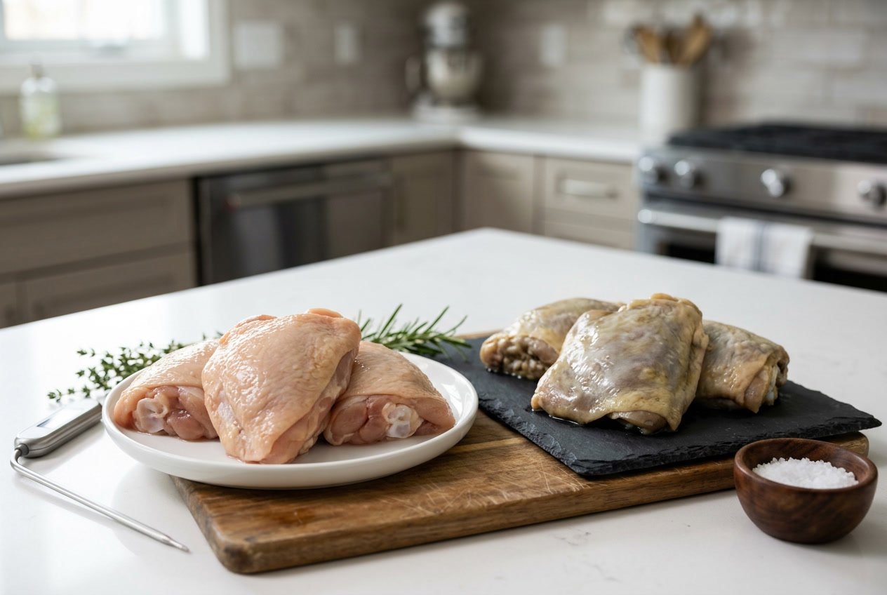 Fresh and spoiled chicken thighs placed side by side on a kitchen countertop with herbs and a food thermometer nearby.