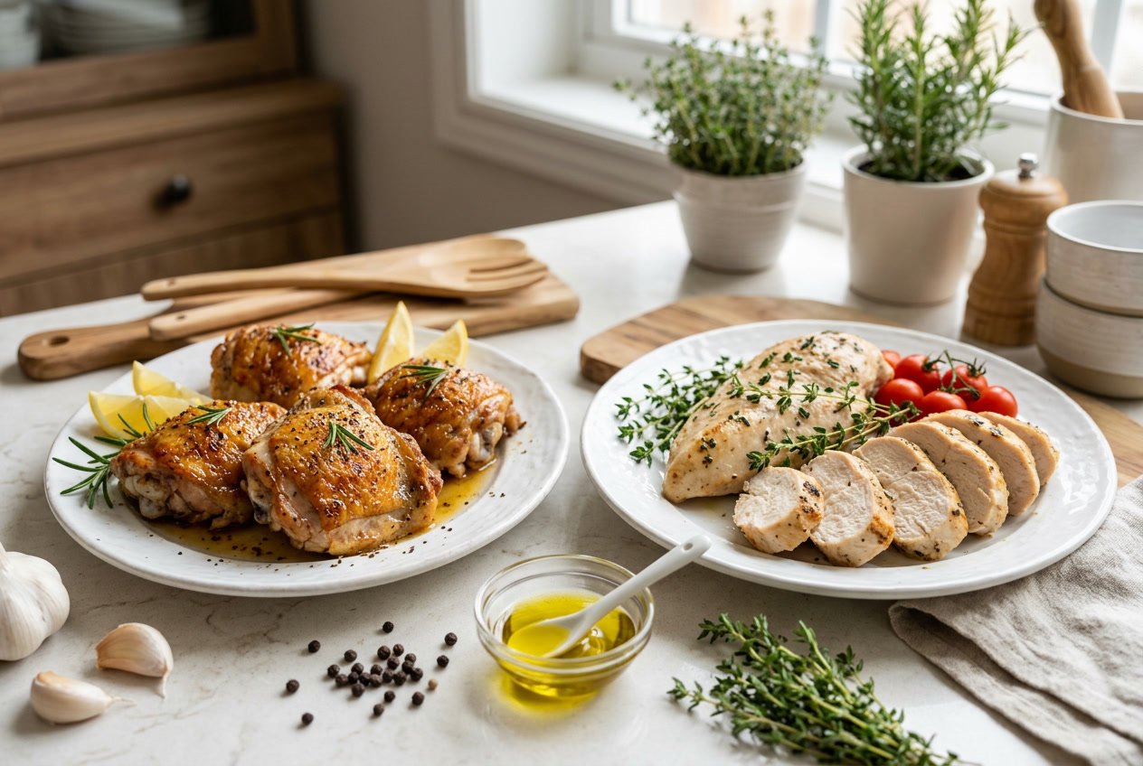 Two plates on a kitchen counter showing cooked chicken thighs on one and sliced chicken breasts on the other, surrounded by fresh herbs and ingredients.