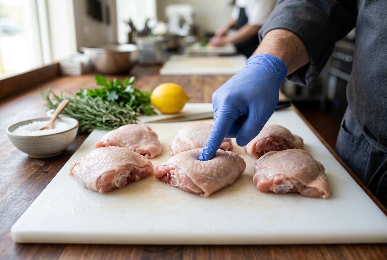 Close-up of raw chicken thighs on a cutting board with a gloved hand pressing one thigh, surrounded by fresh herbs and a lemon in a kitchen.