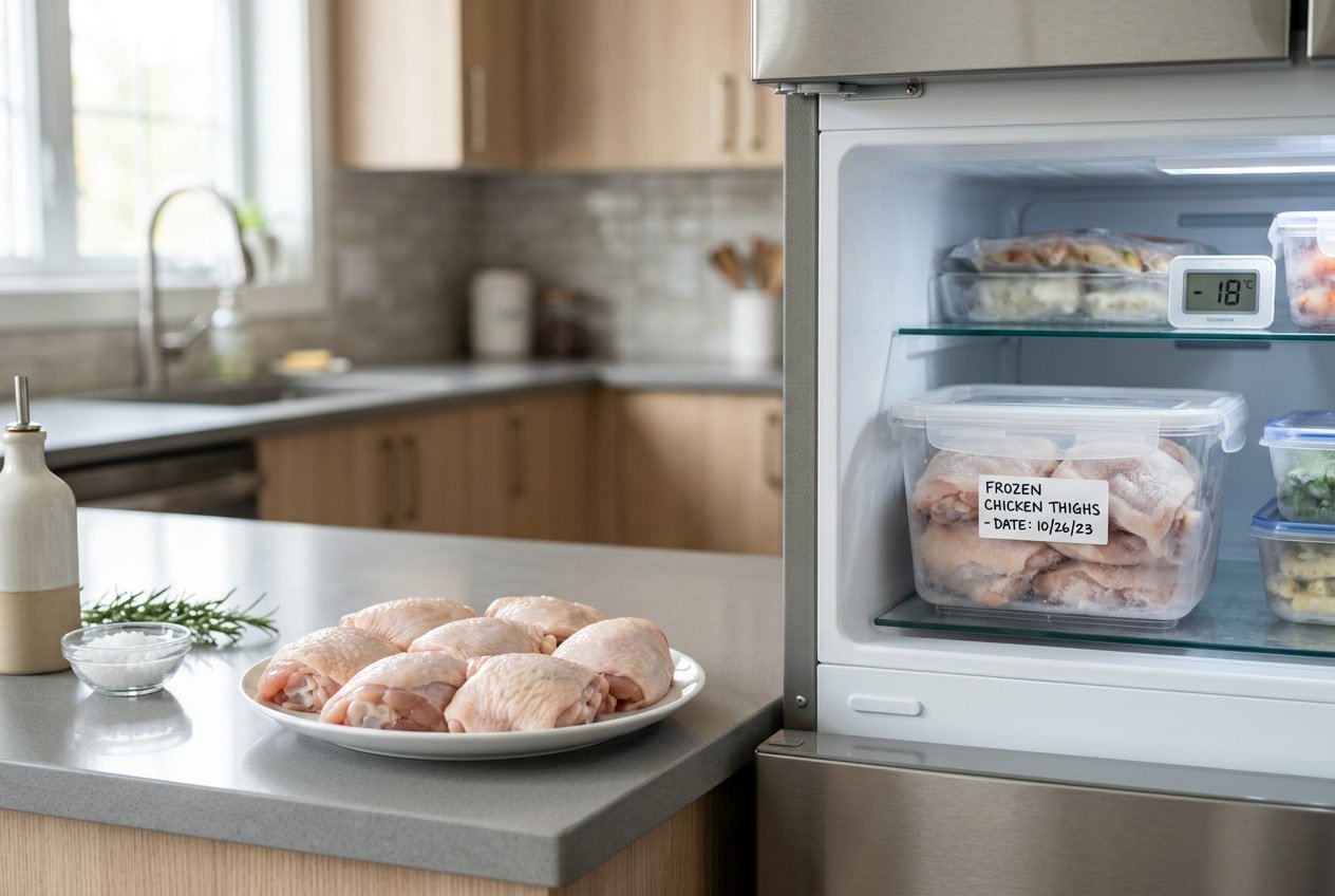 Fresh raw chicken thighs on a plate next to frozen chicken in containers inside a kitchen.