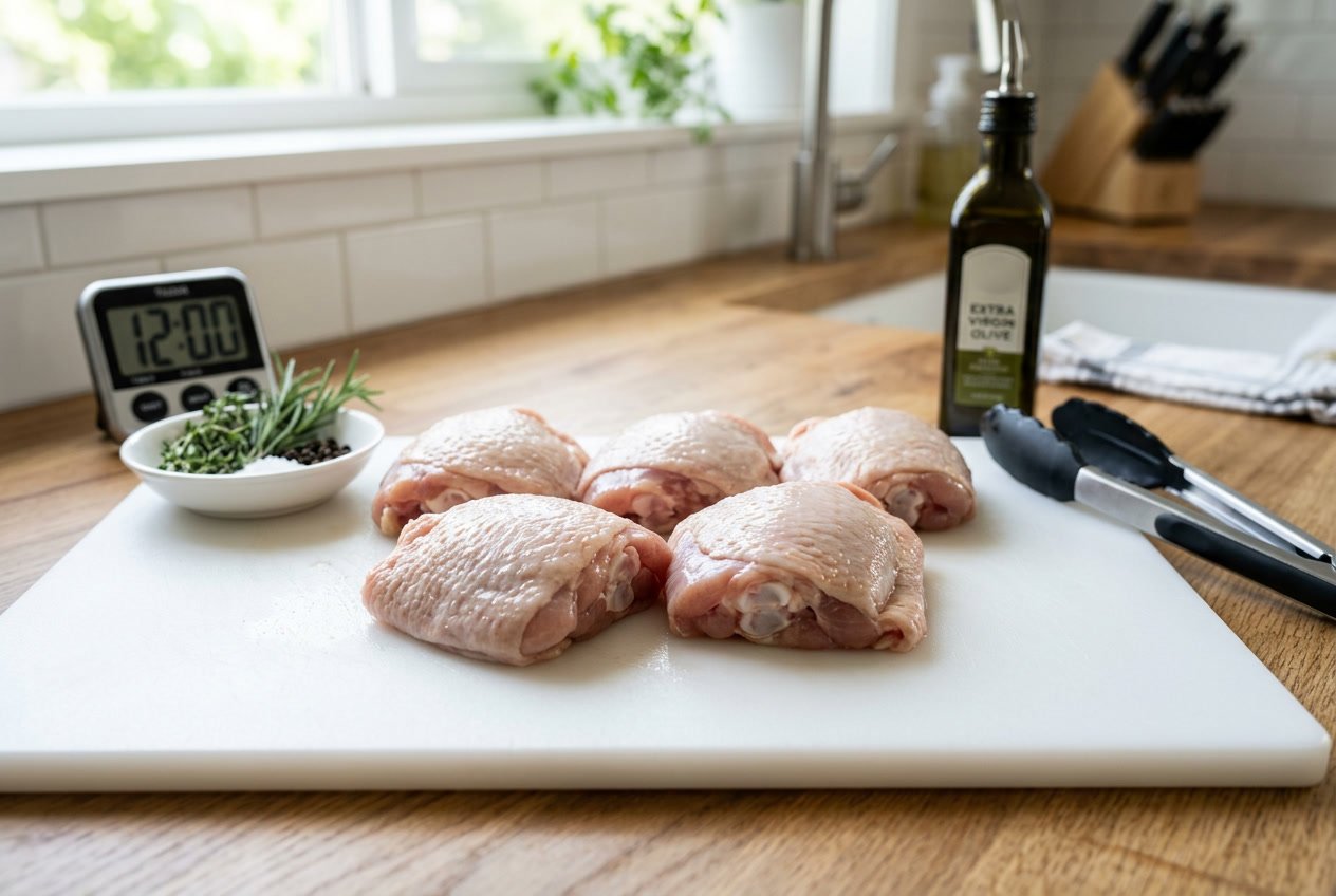 Raw chicken thighs on a cutting board with kitchen tools and seasoning nearby in a bright kitchen.