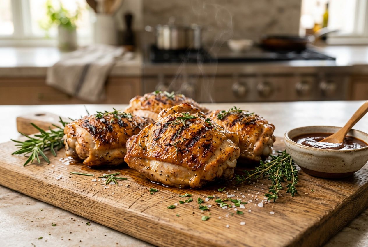 Close-up of cooked chicken thighs resting on a wooden cutting board with herbs and a small bowl of sauce in a kitchen.