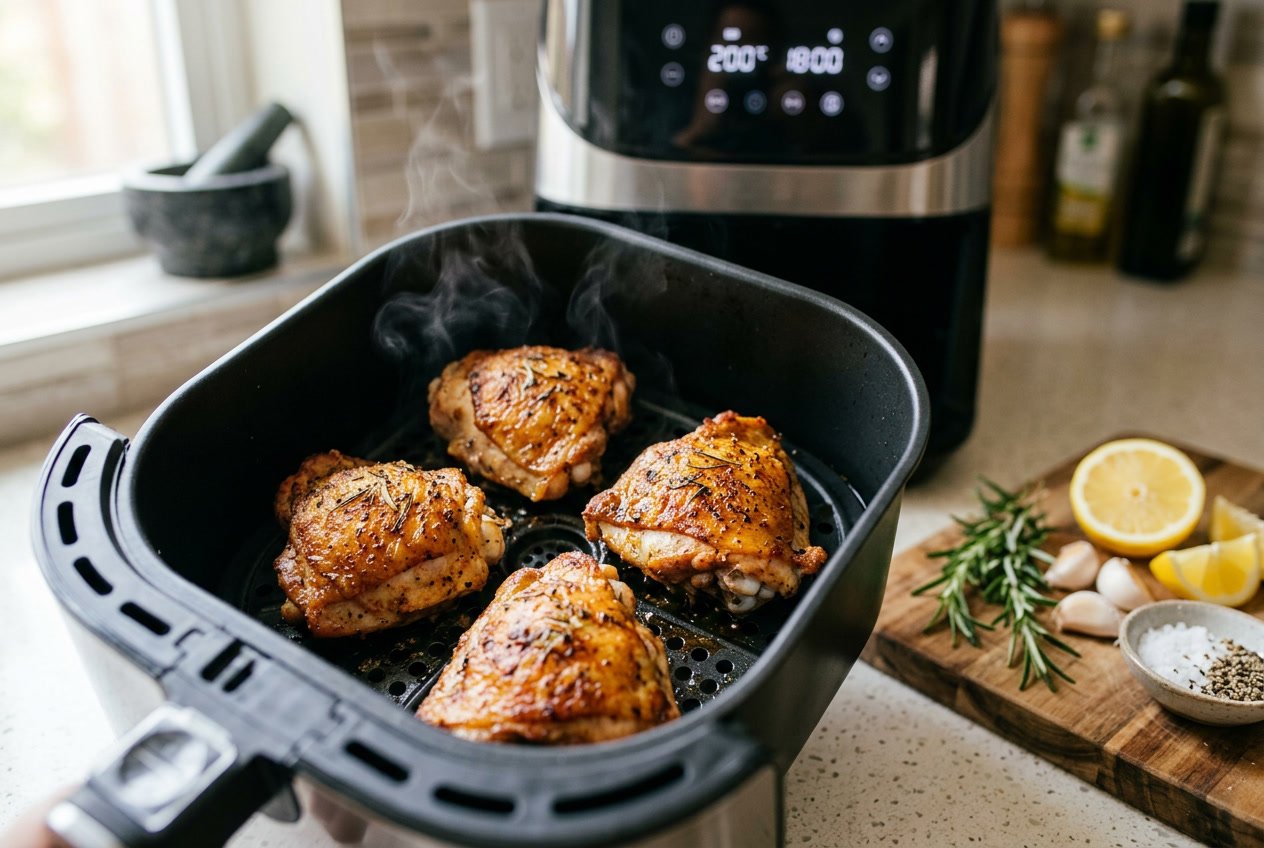 Close-up of cooked chicken thighs inside an air fryer basket with fresh herbs and lemon on a kitchen countertop.