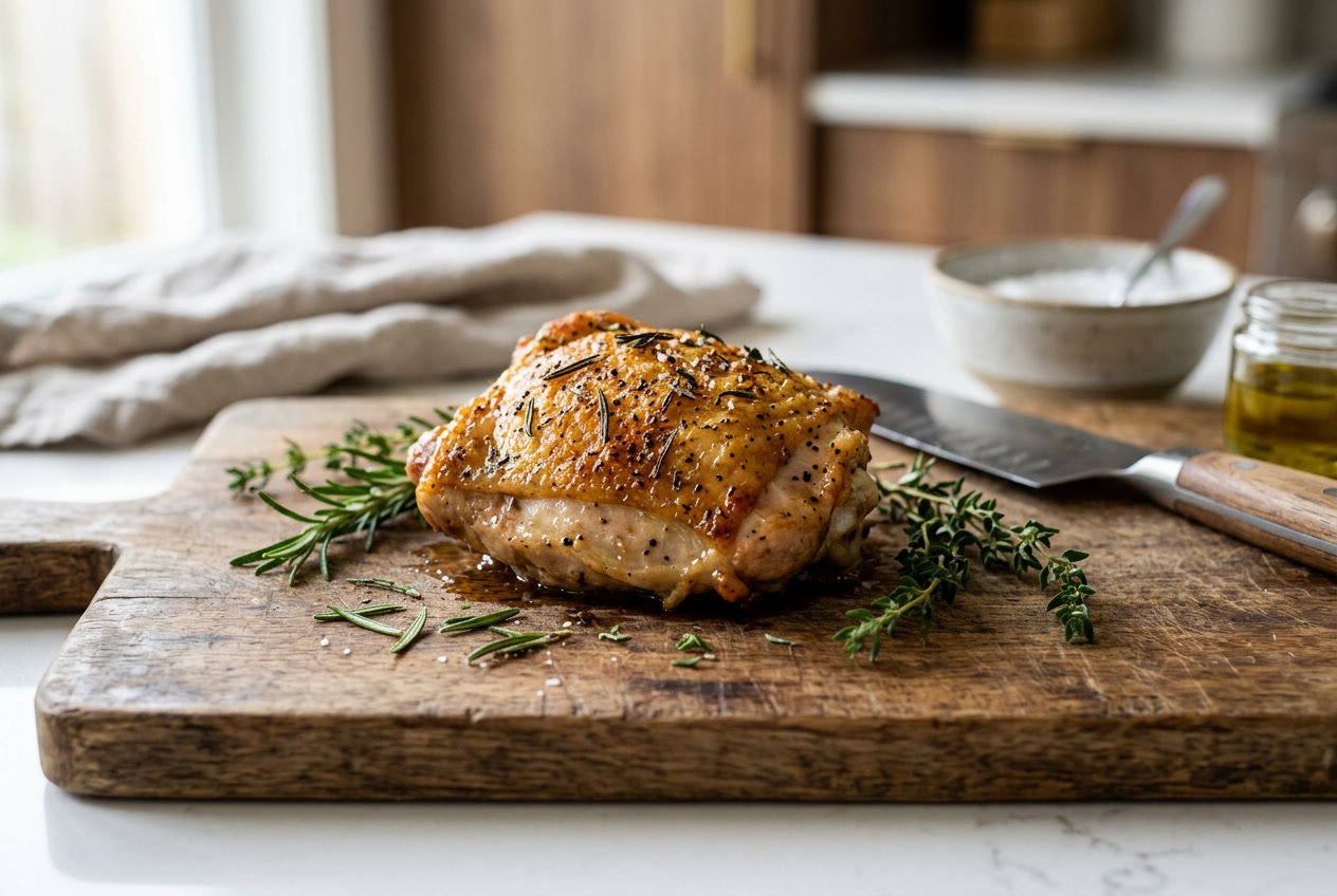 A cooked chicken thigh resting on a wooden cutting board with fresh herbs around it in a kitchen.