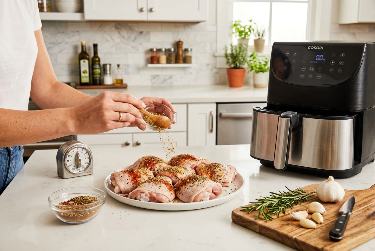Hands seasoning raw chicken thighs on a plate next to an air fryer and fresh herbs on a kitchen countertop.