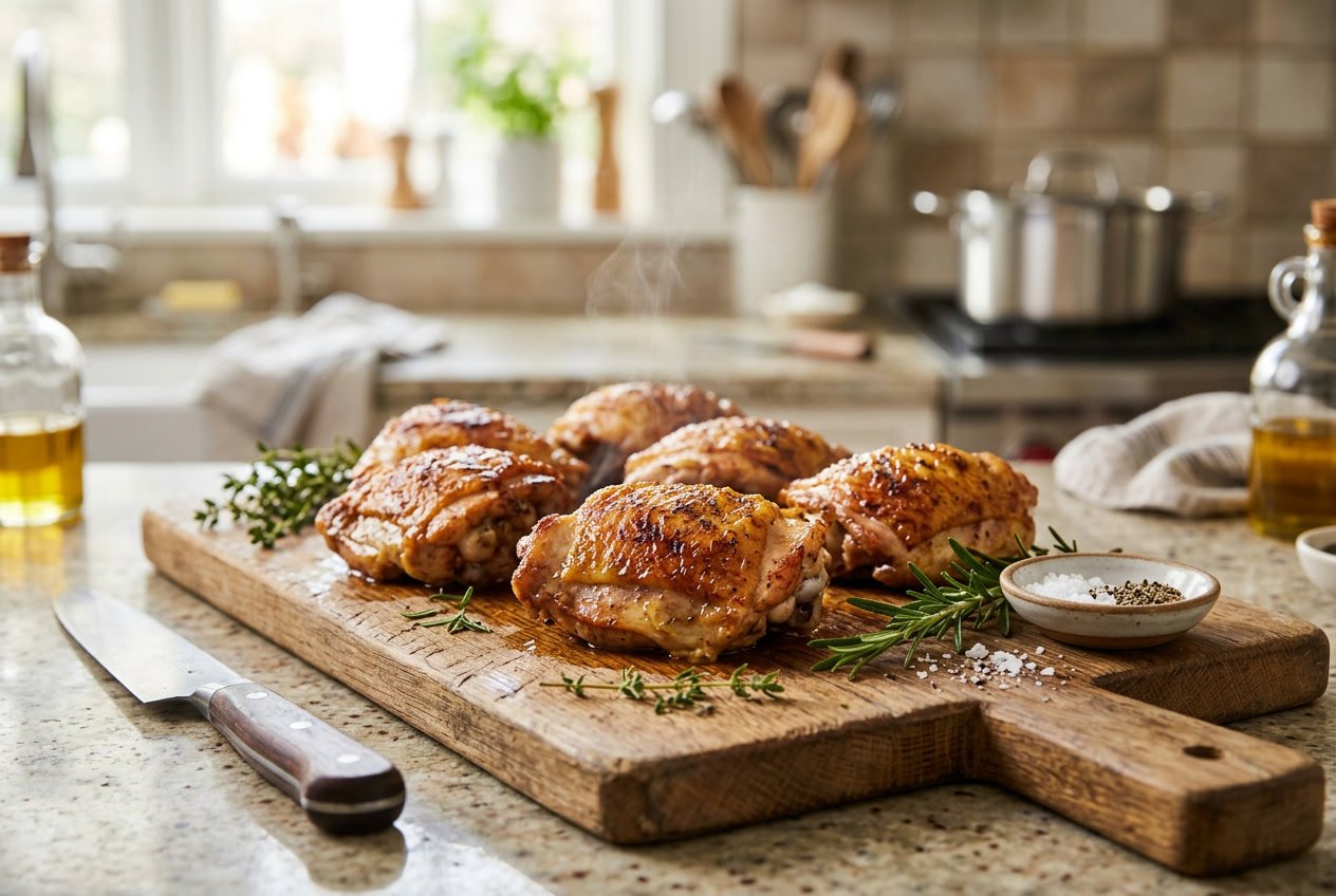Cooked chicken thighs resting on a wooden cutting board with fresh herbs and a chef's knife in a bright kitchen.