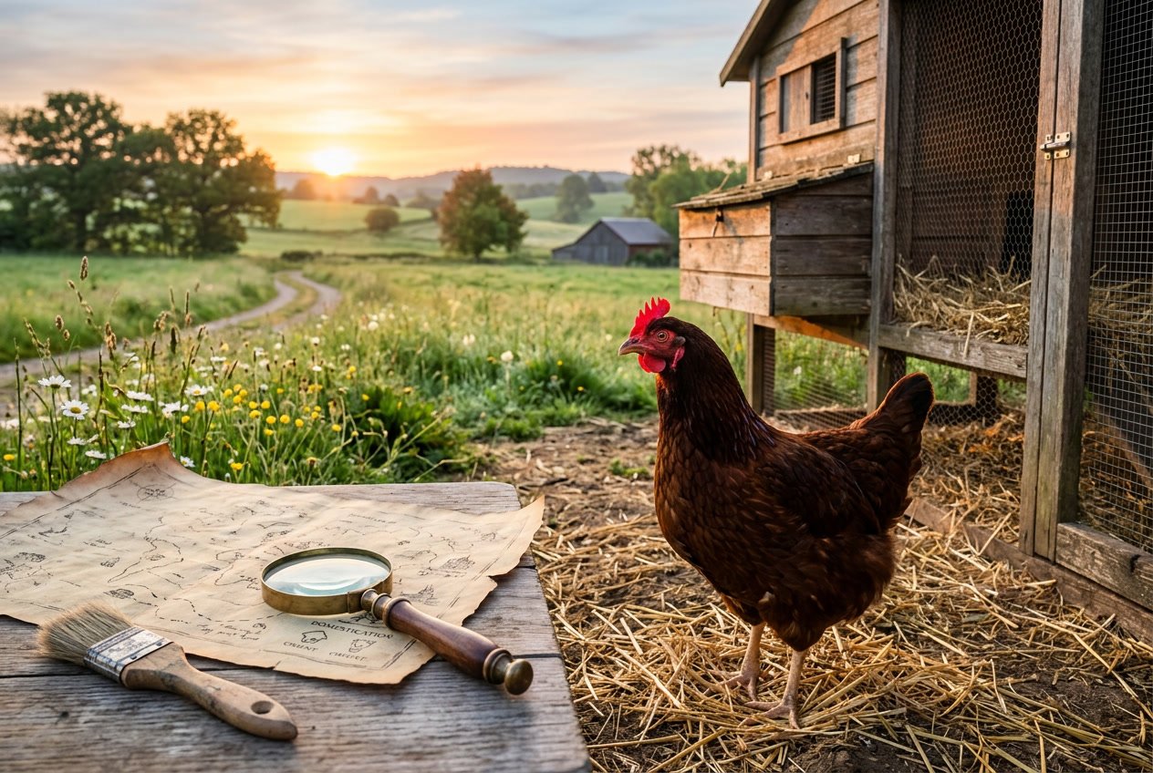 A chicken standing on straw near a wooden coop with a vintage map and magnifying glass on a table in a rural farm setting at sunrise.