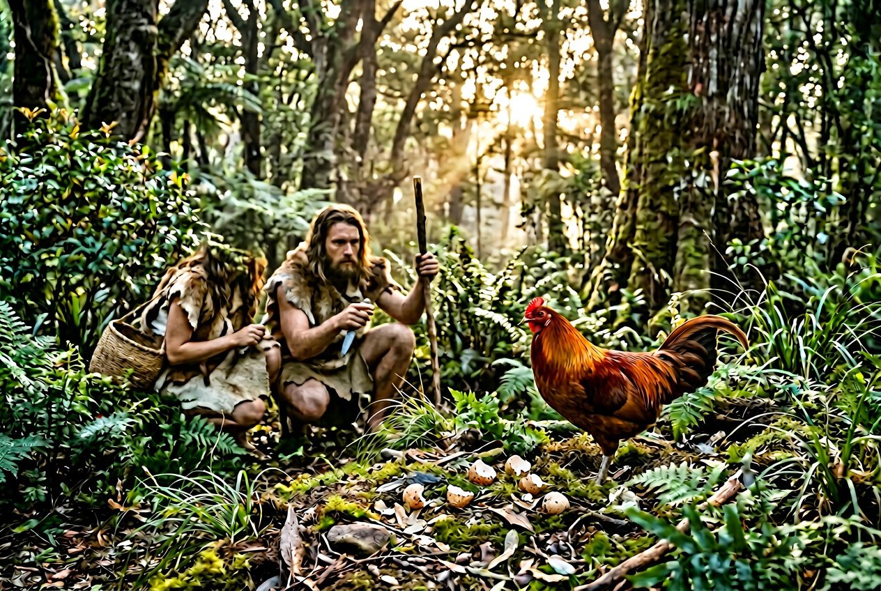 A single chicken standing on the ground in a forest clearing at dawn, surrounded by eggshells and soft sunlight filtering through trees.