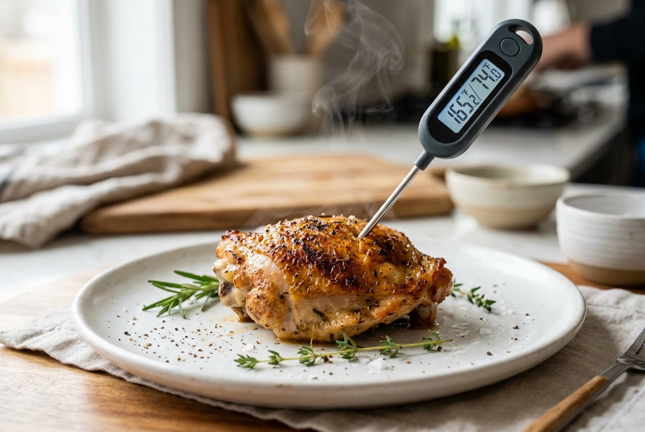 A cooked chicken thigh on a white plate with a digital meat thermometer inserted showing the temperature.