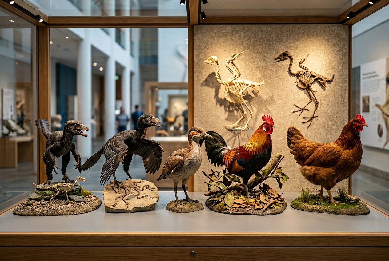 A museum exhibit displaying models and fossils showing the evolutionary ancestors of chickens.