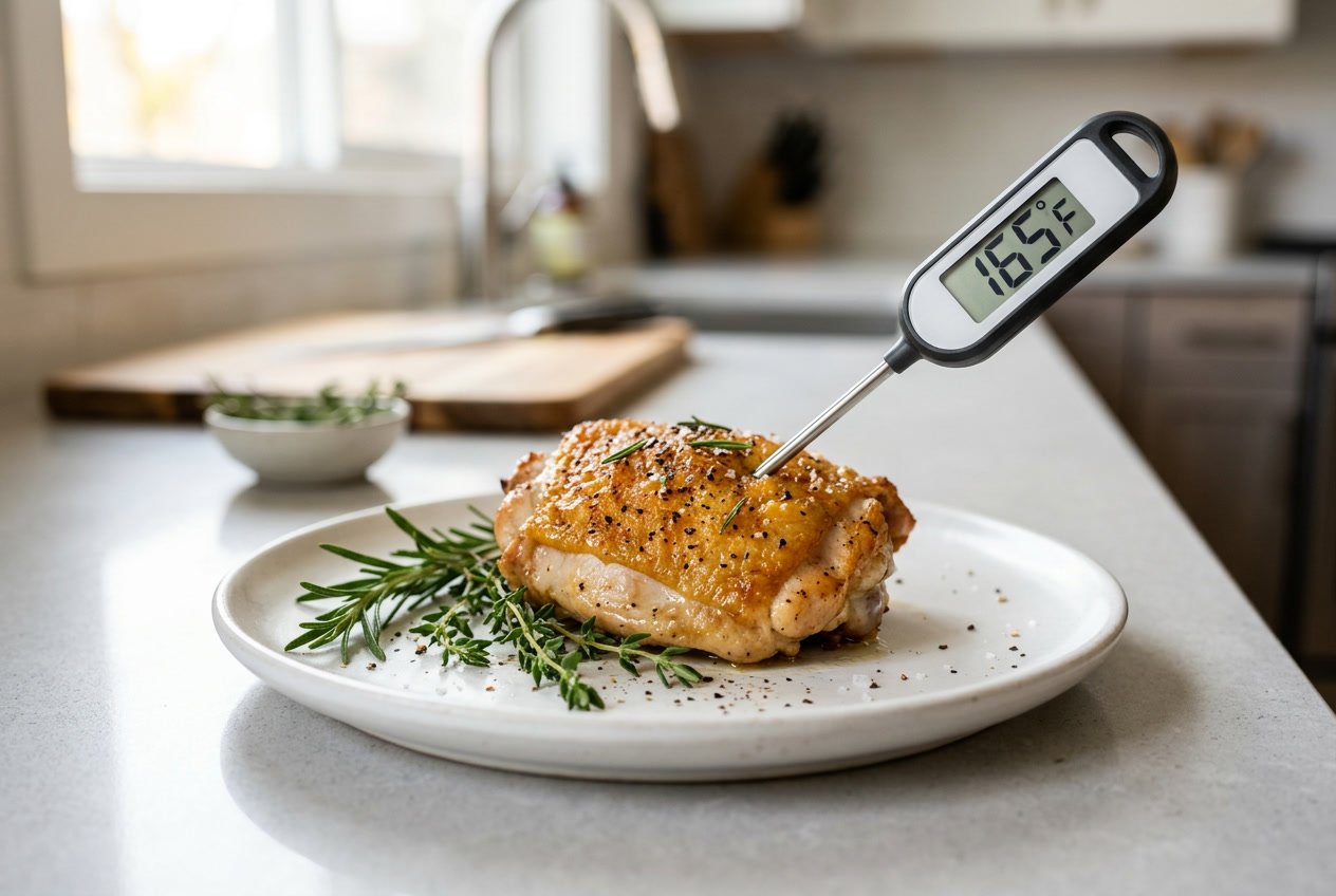 A cooked chicken thigh on a white plate with a digital meat thermometer inserted showing the internal temperature.