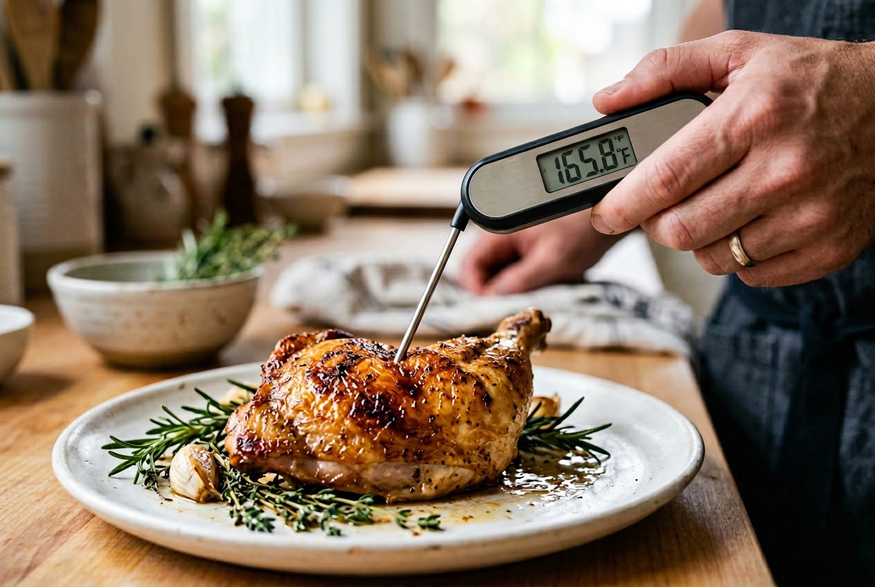 A person checking the temperature of a cooked chicken thigh with a digital meat thermometer on a white plate with herbs.