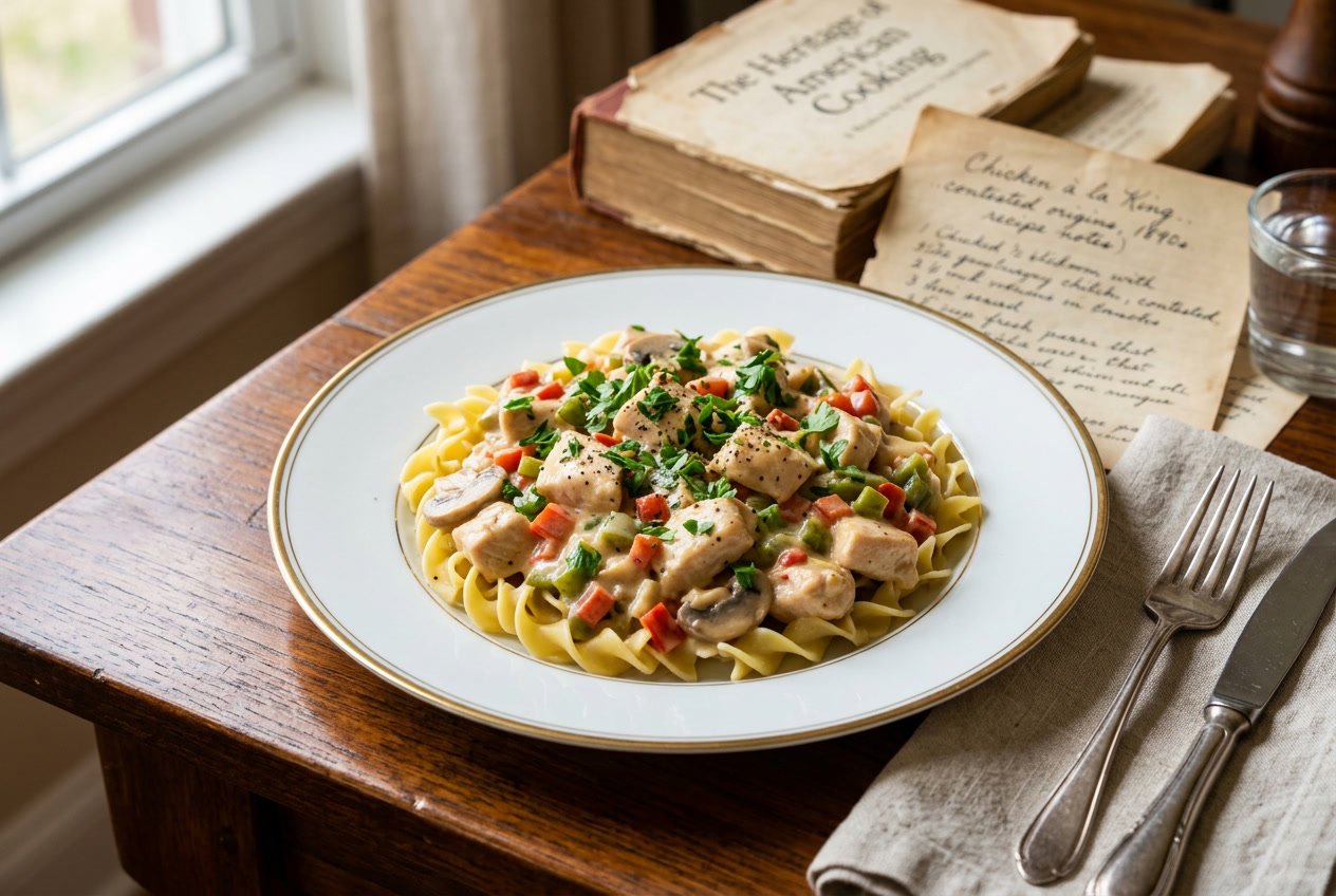A plate of creamy Chicken à la King garnished with parsley on a wooden table with a blurred vintage cookbook in the background.