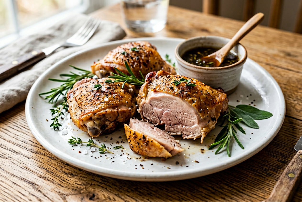 Close-up of cooked chicken thighs with a slight pink center on a white plate, garnished with fresh herbs.