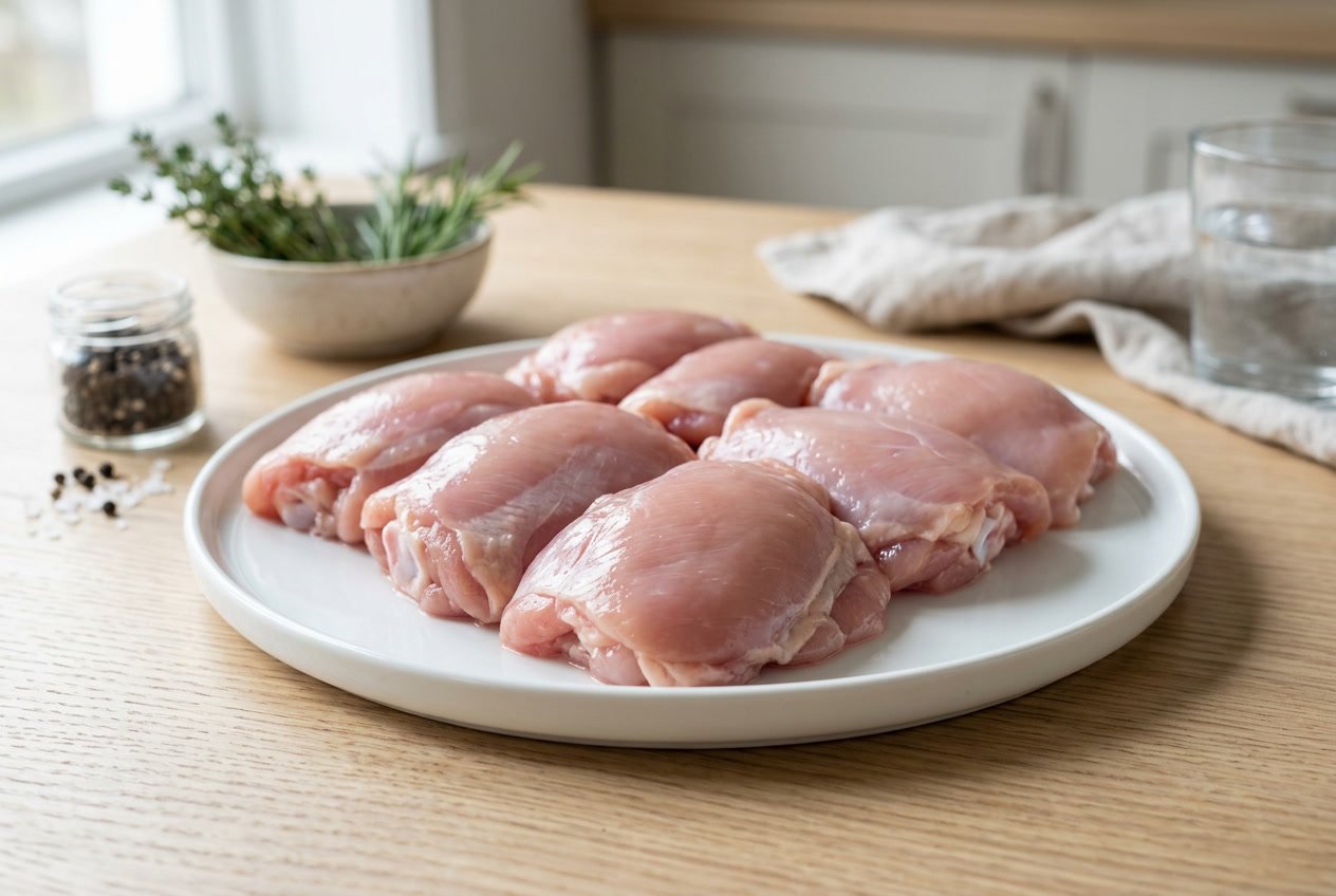 Close-up of raw chicken thighs with a natural pink color on a white plate on a wooden countertop with kitchen items blurred in the background.