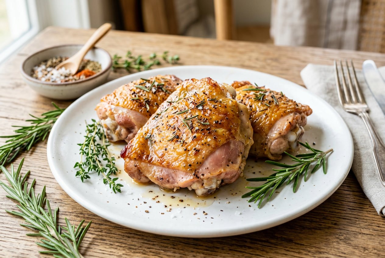 Close-up of cooked chicken thighs with a slightly pink color on a white plate, garnished with fresh herbs and spices nearby.