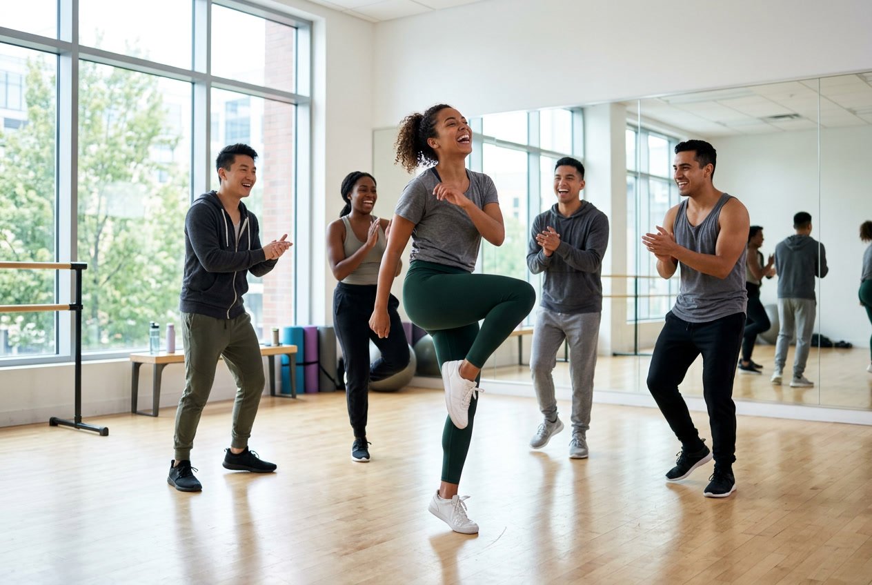 A group of dancers performing energetic leg movements in a bright dance studio.