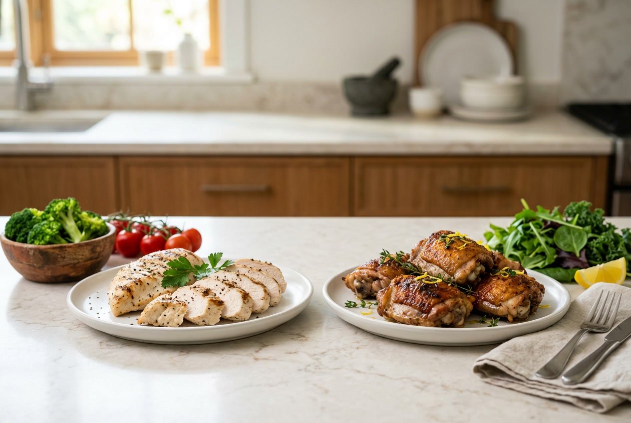Two plates on a kitchen countertop, one with grilled chicken breasts and the other with cooked chicken thighs, accompanied by fresh vegetables.