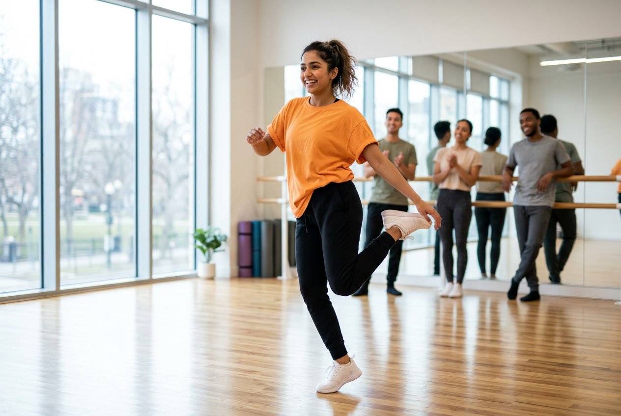 A person performing a lively dance move in a bright dance studio with others watching.