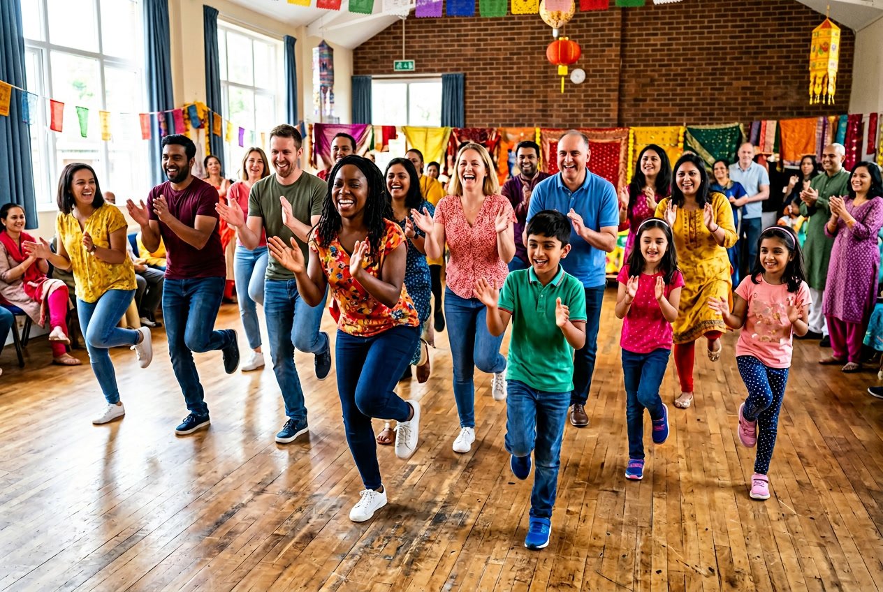 A group of people dancing together indoors, performing playful movements with their arms and legs.