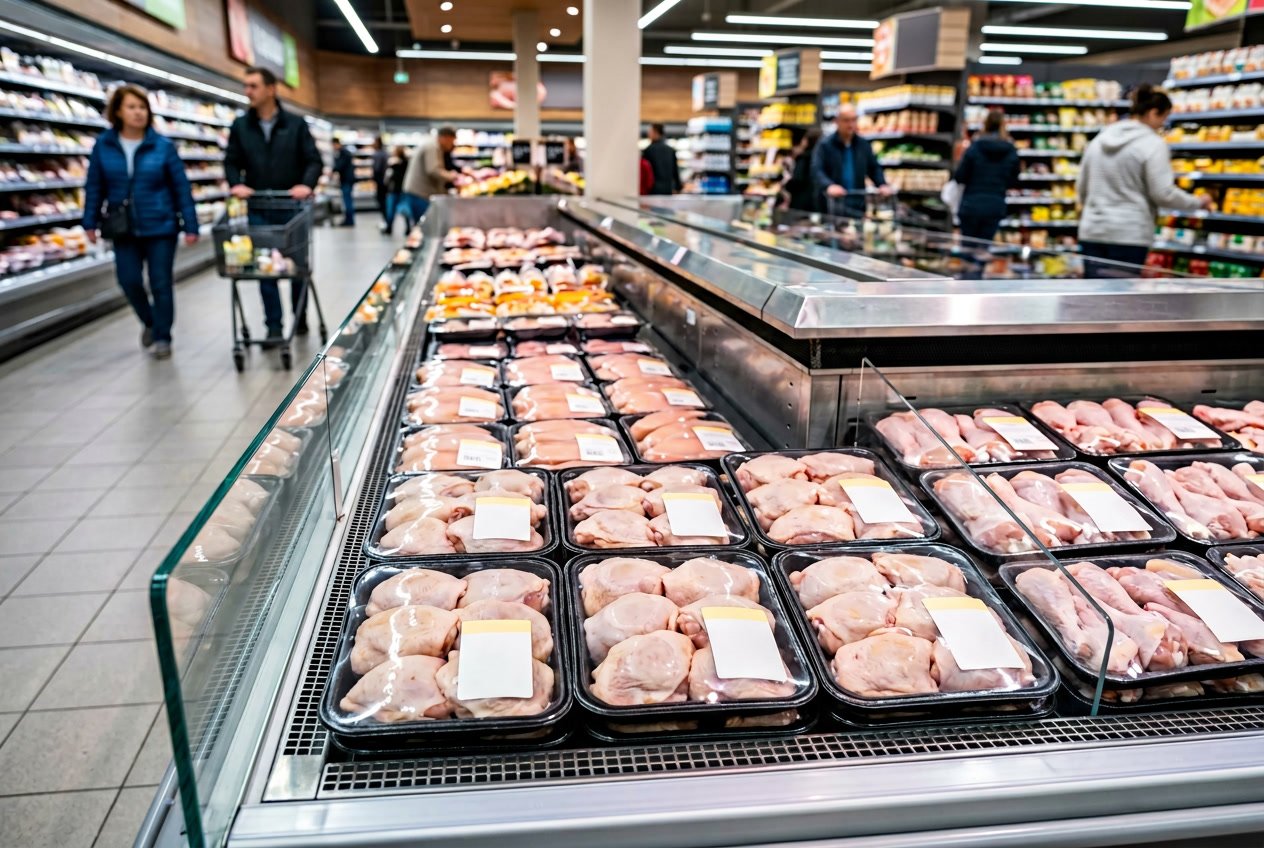 A grocery store meat section with fresh chicken thighs displayed on a refrigerated shelf among other poultry products.