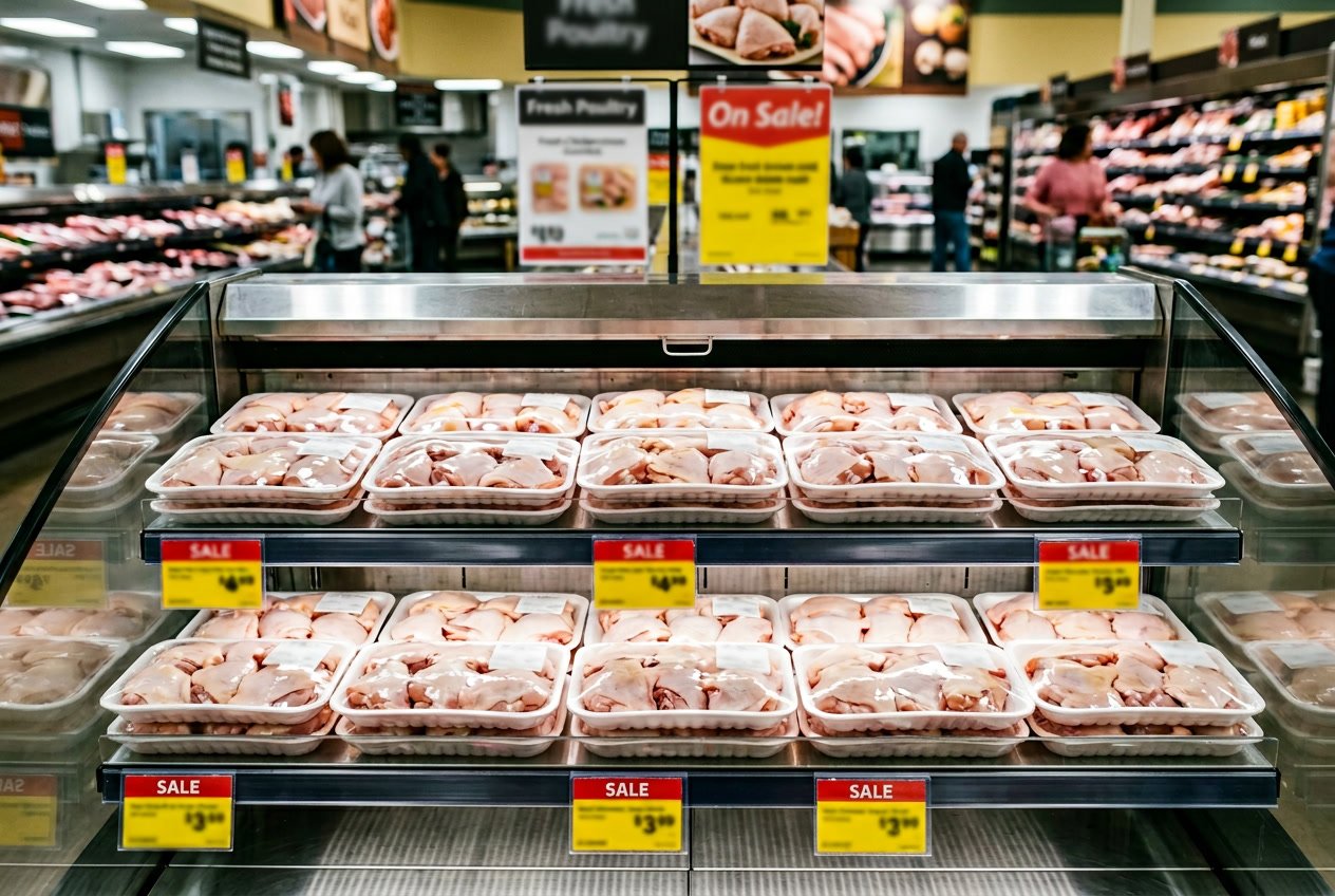 Fresh chicken thighs displayed in trays on refrigerated shelves in a grocery store meat section.