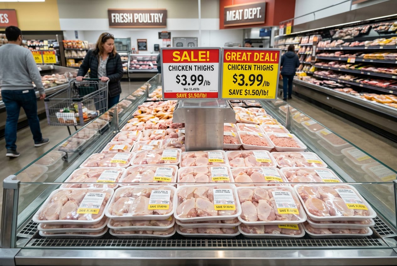 A grocery store meat section with packages of chicken thighs on display and sale signs visible.