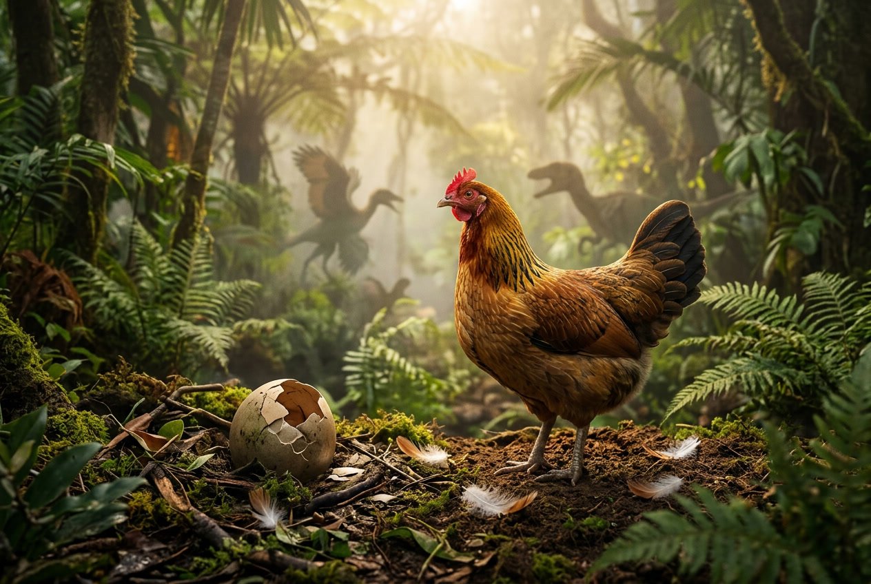 A single chicken standing near a cracked egg on the ground in a forest clearing at sunrise, with faint silhouettes of ancient birds in the background.