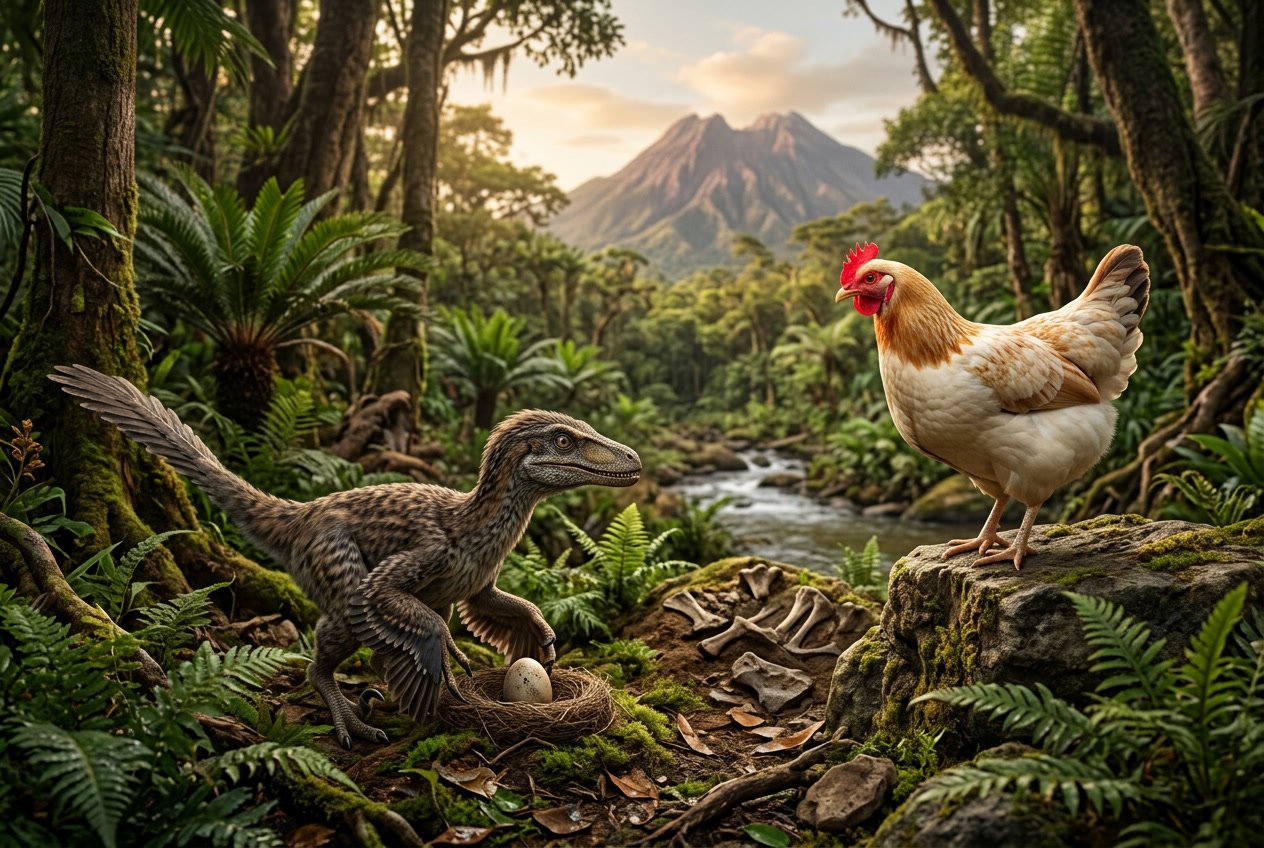 A prehistoric bird-like dinosaur near an early egg and a modern chicken in a lush natural environment with ancient trees and soft sunlight.