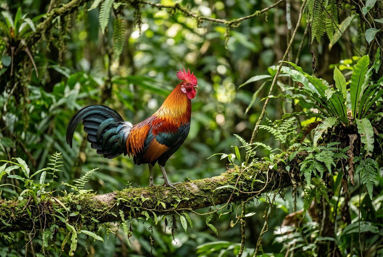 A wild junglefowl standing on a mossy branch surrounded by dense green jungle plants and sunlight filtering through the trees.