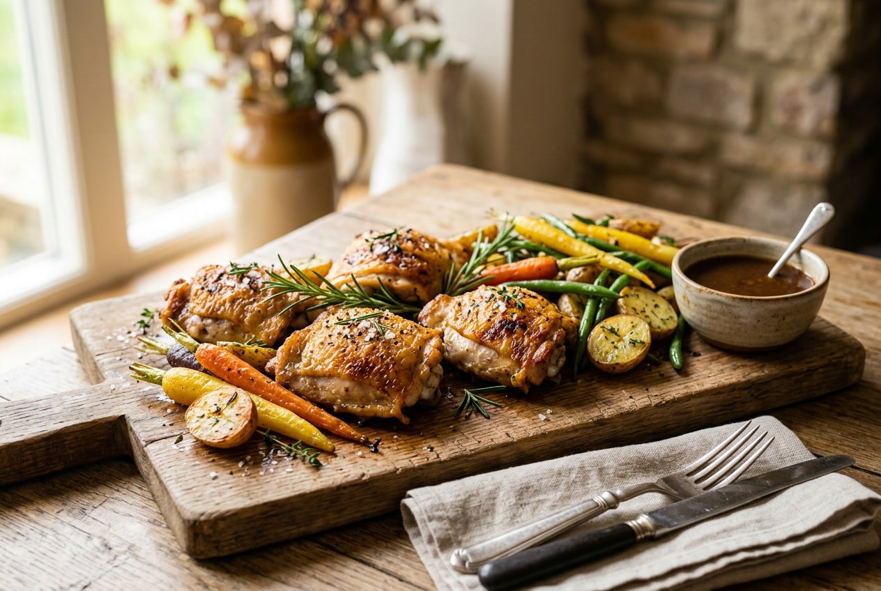 A plate of golden roasted chicken thighs garnished with herbs, served with roasted vegetables on a wooden board.