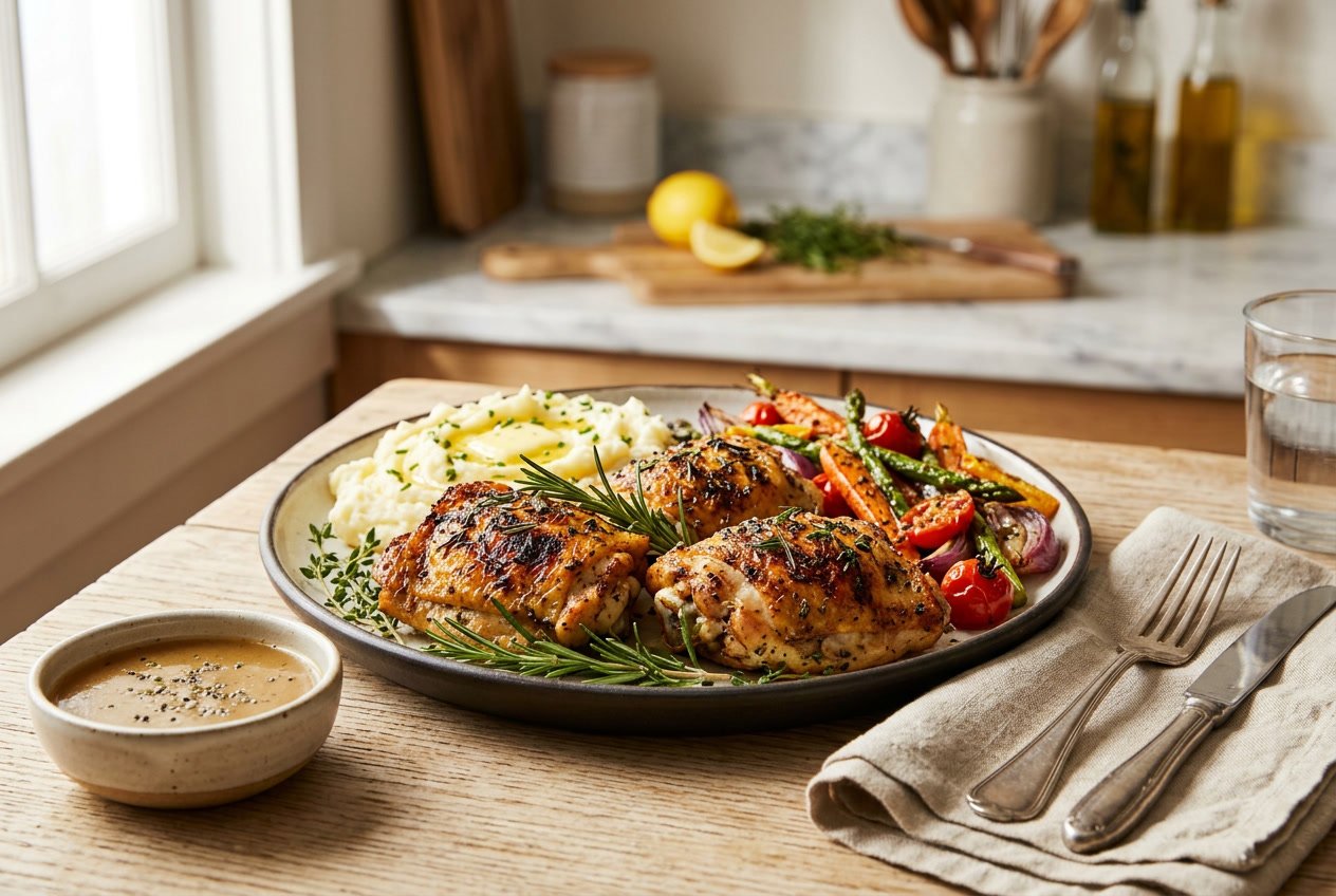 A plate of golden brown cooked chicken thighs garnished with fresh herbs, served with roasted vegetables and mashed potatoes on a kitchen table.