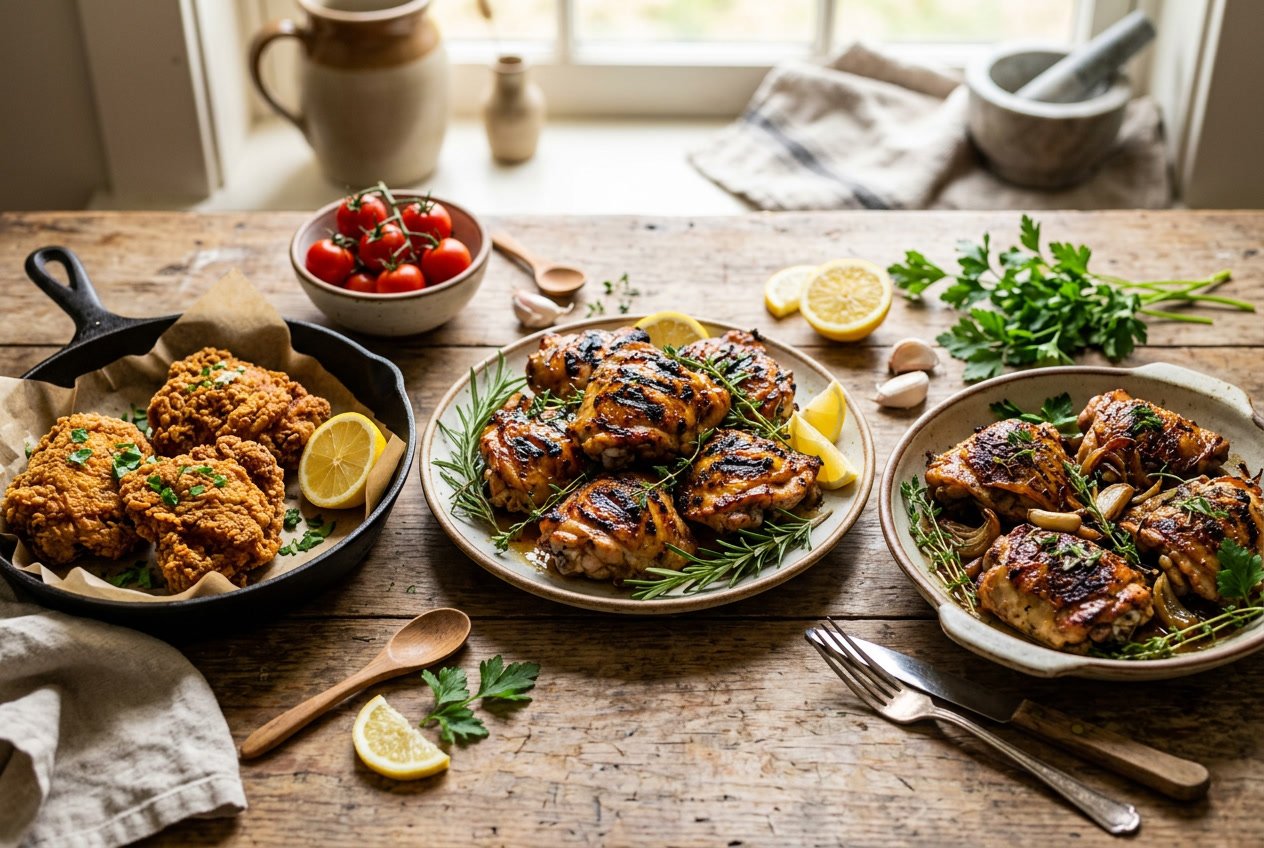 A table with several cooked chicken thigh dishes, including grilled, fried, and roasted, garnished with fresh herbs and surrounded by fresh ingredients.