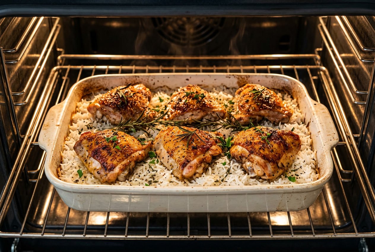 A baking dish with roasted chicken thighs and rice inside an oven.