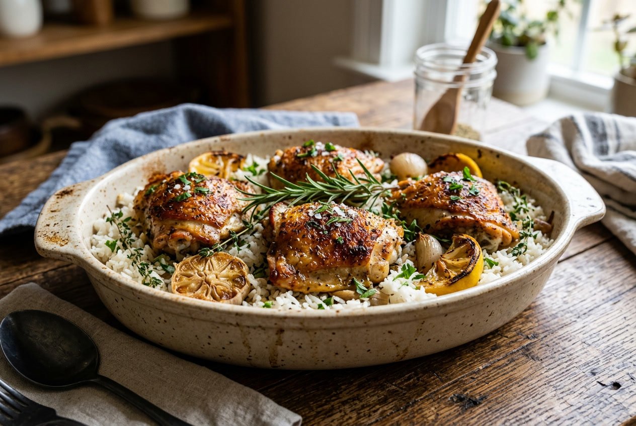 Oven-baked chicken thighs with crispy skin served on white rice in a ceramic baking dish, garnished with fresh herbs.
