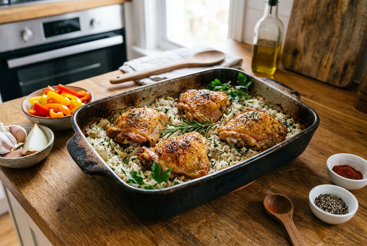 A baking dish with roasted chicken thighs on white rice, surrounded by fresh ingredients and spices on a wooden countertop.