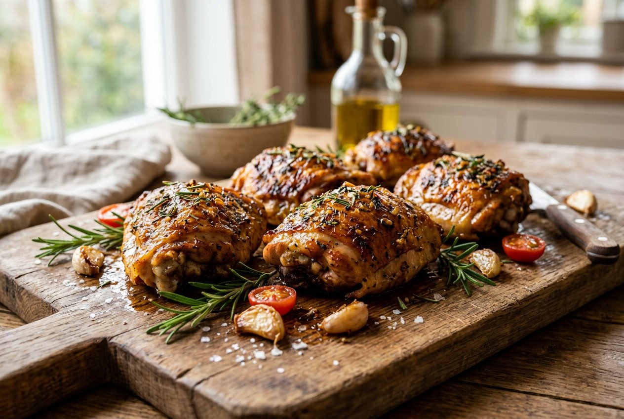 A plate of golden-brown cooked chicken thighs on a wooden board with herbs and garlic in a kitchen setting.