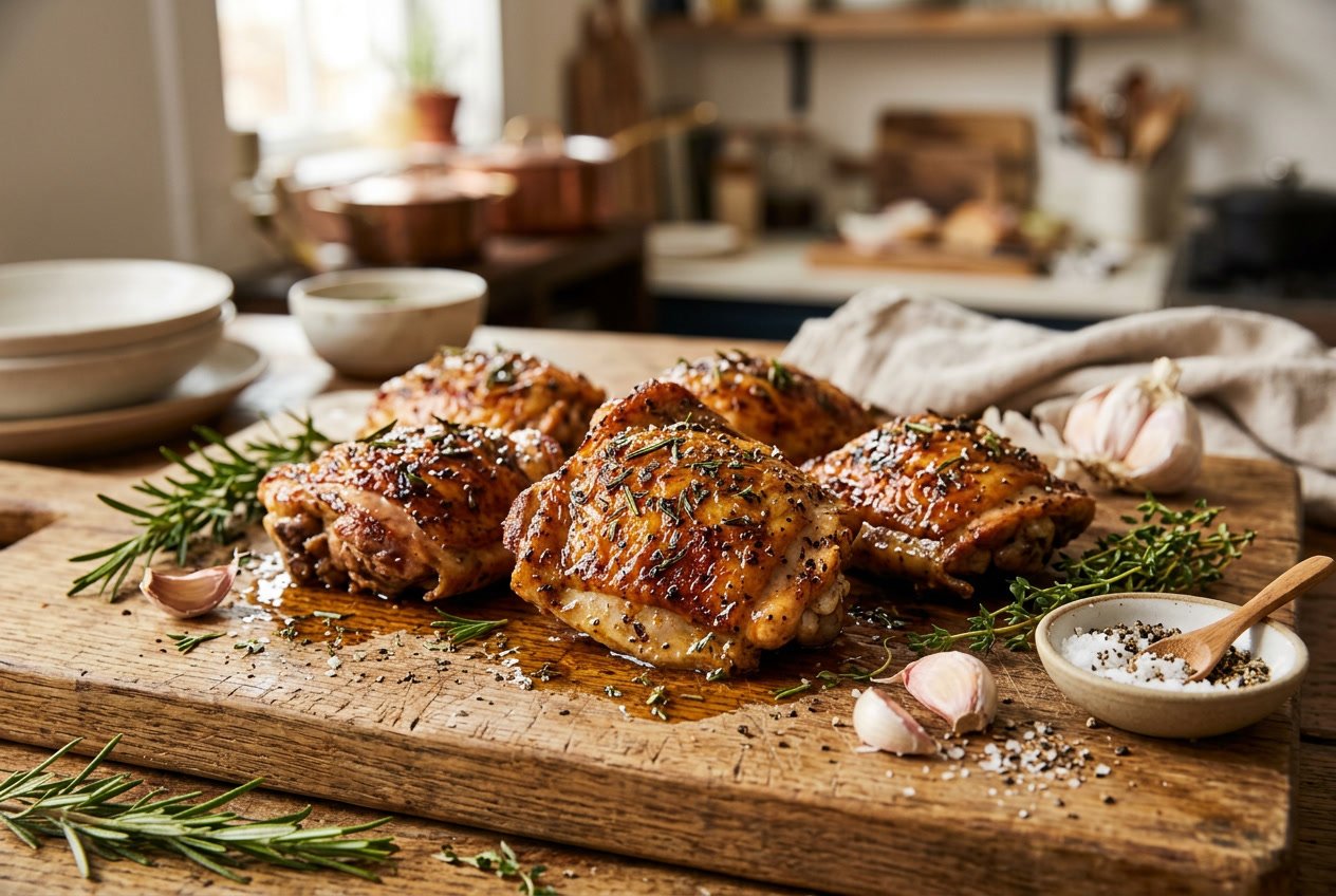Close-up of cooked chicken thighs on a wooden board with herbs and garlic around them.
