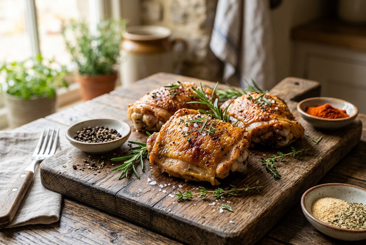 Close-up of cooked chicken thighs on a wooden cutting board with herbs and spices, in a kitchen setting.