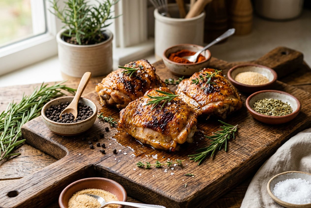Close-up of cooked chicken thighs on a wooden cutting board with herbs and spices around them.