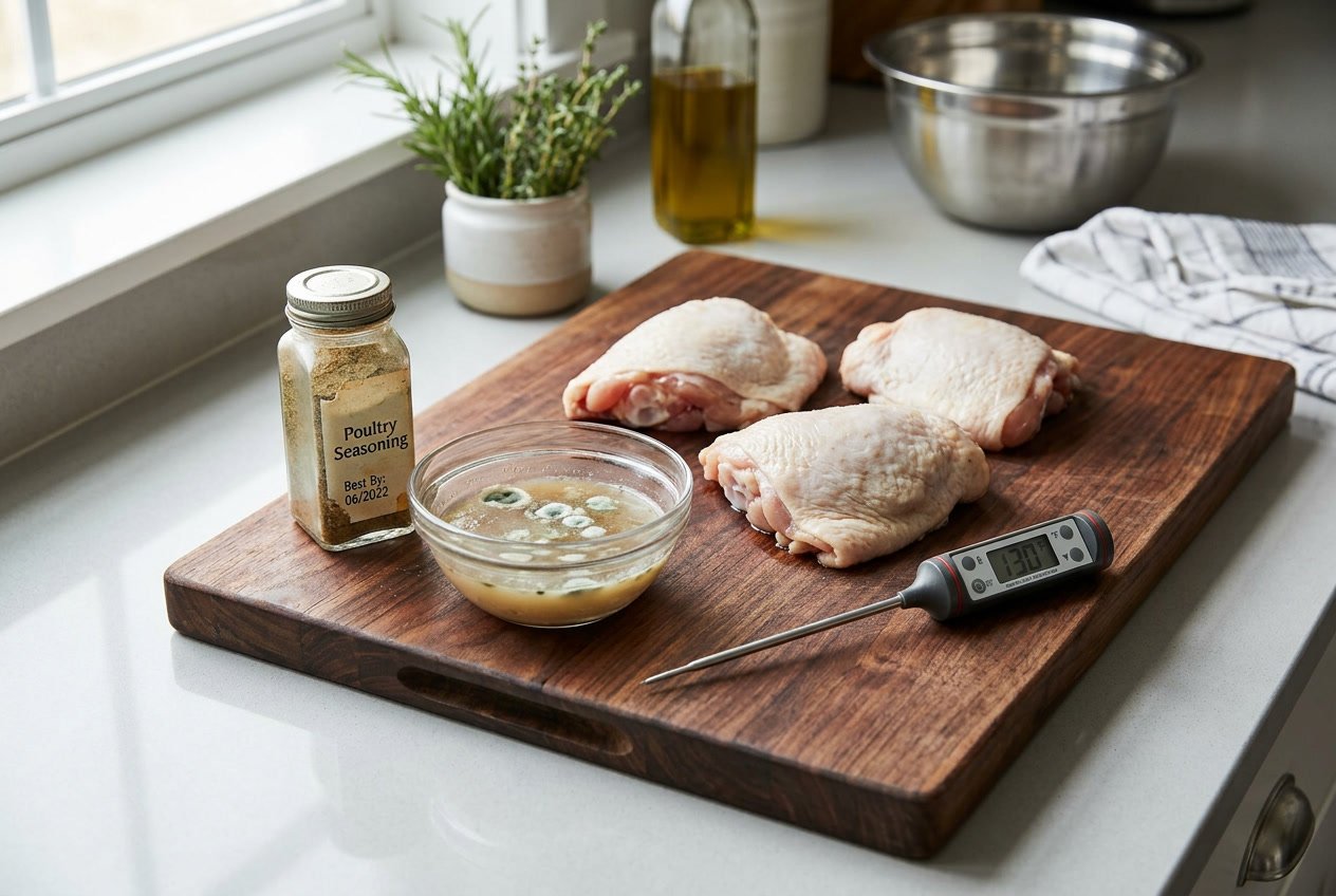 Raw chicken thighs on a cutting board surrounded by spoiled marinade, expired seasoning, and a cooking thermometer in a kitchen setting.