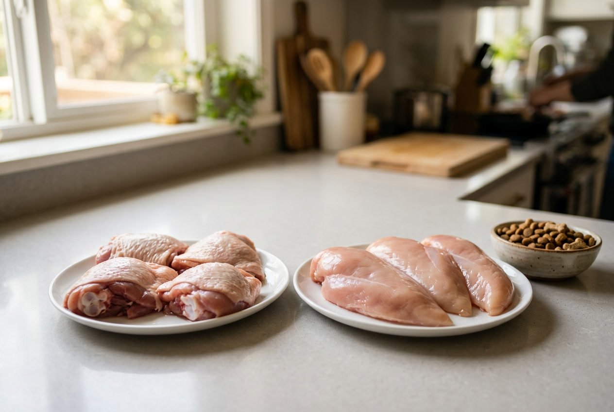 Raw chicken thighs and chicken breasts on separate plates on a kitchen countertop with a small bowl of dog treats nearby.