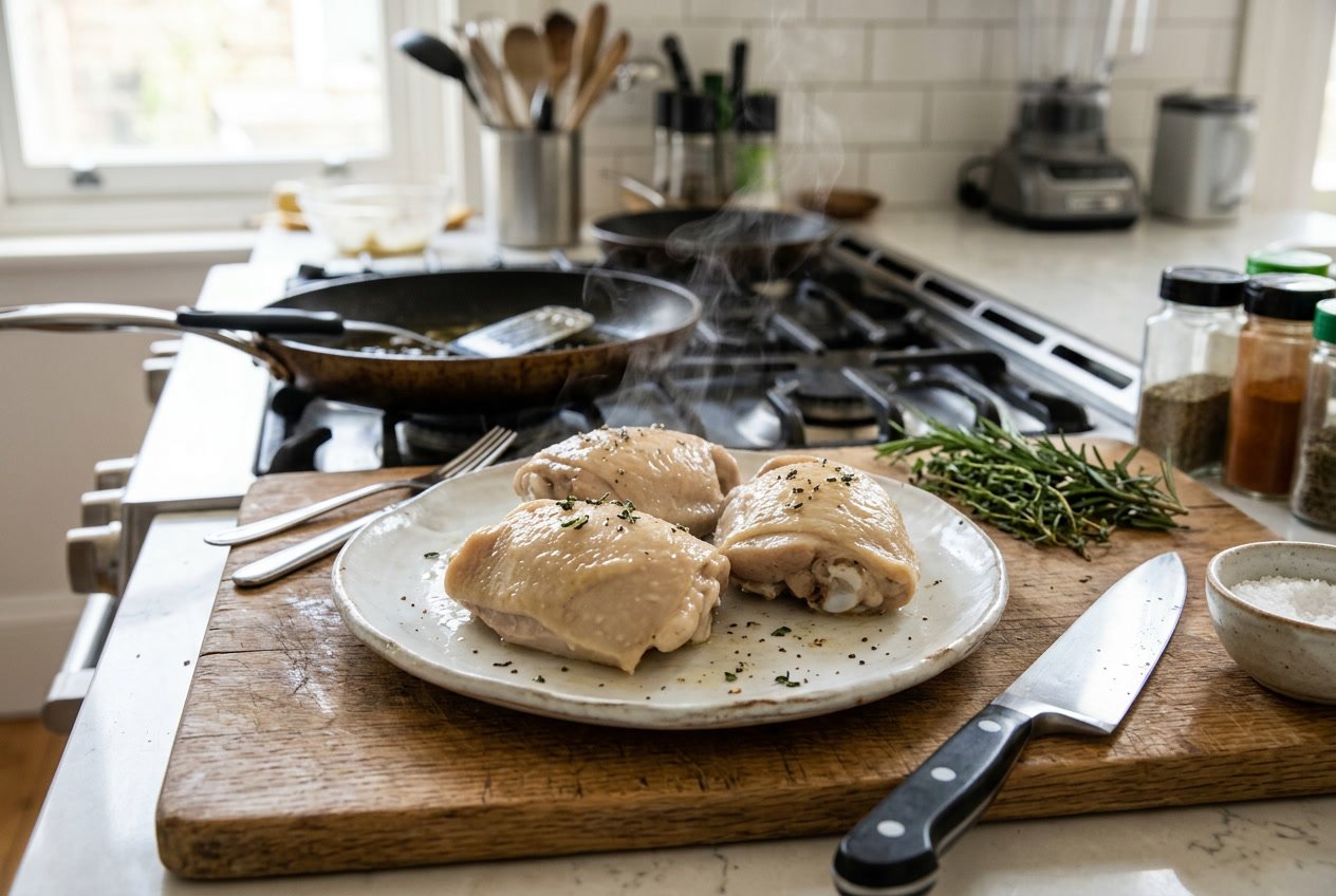 Plate with cooked chicken thighs that look rubbery on a kitchen counter with cooking utensils and fresh herbs nearby.