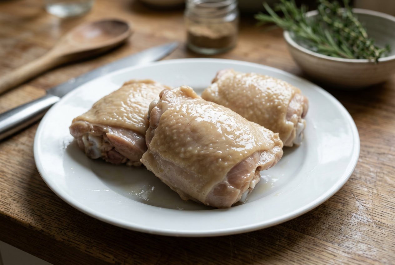 Close-up of cooked chicken thighs on a plate showing a rubbery texture with kitchen items blurred in the background.