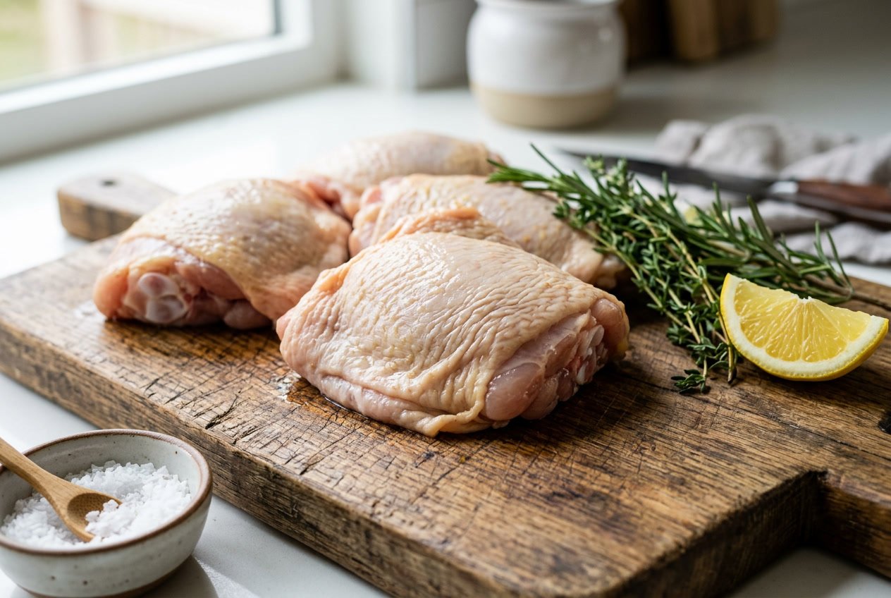 Close-up of raw chicken thighs on a wooden cutting board with fresh herbs and lemon in a kitchen setting.
