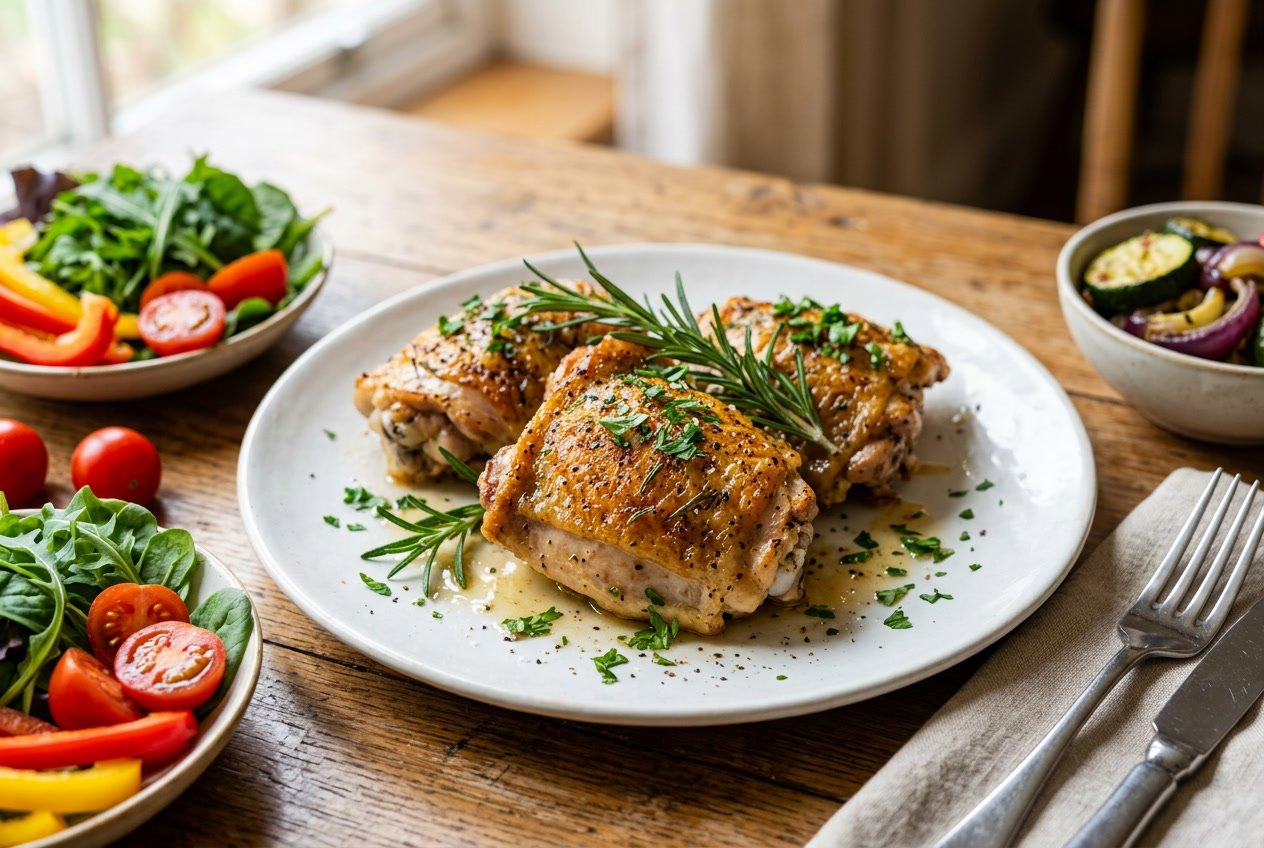A plate of cooked chicken thighs garnished with herbs, surrounded by fresh vegetables on a wooden table.