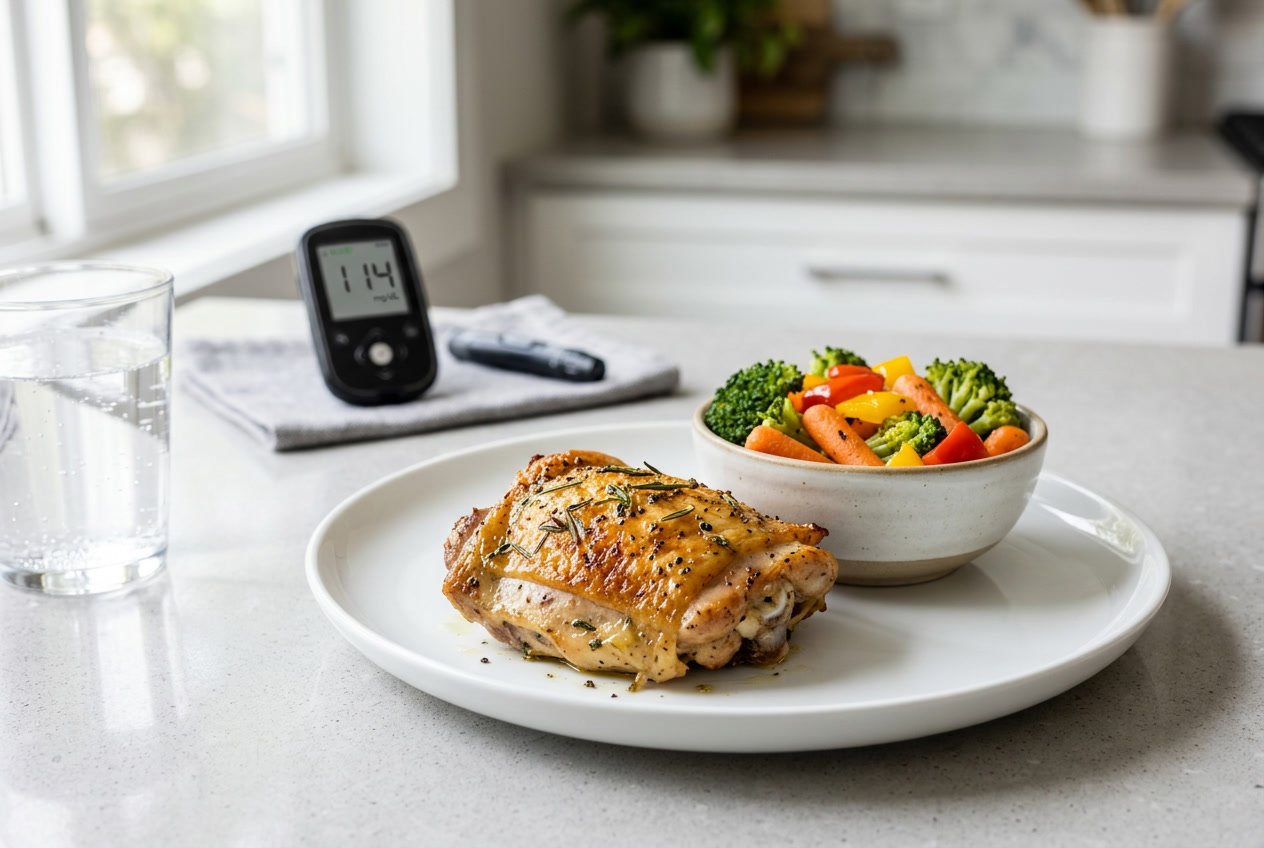 A cooked chicken thigh on a white plate with mixed vegetables on a kitchen countertop, with a glucose monitor and glass of water in the background.